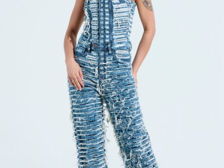 I DONT CHASE I ATTRACT DISTRESSED DARK BLUE DENIM JUMPSUIT Supply