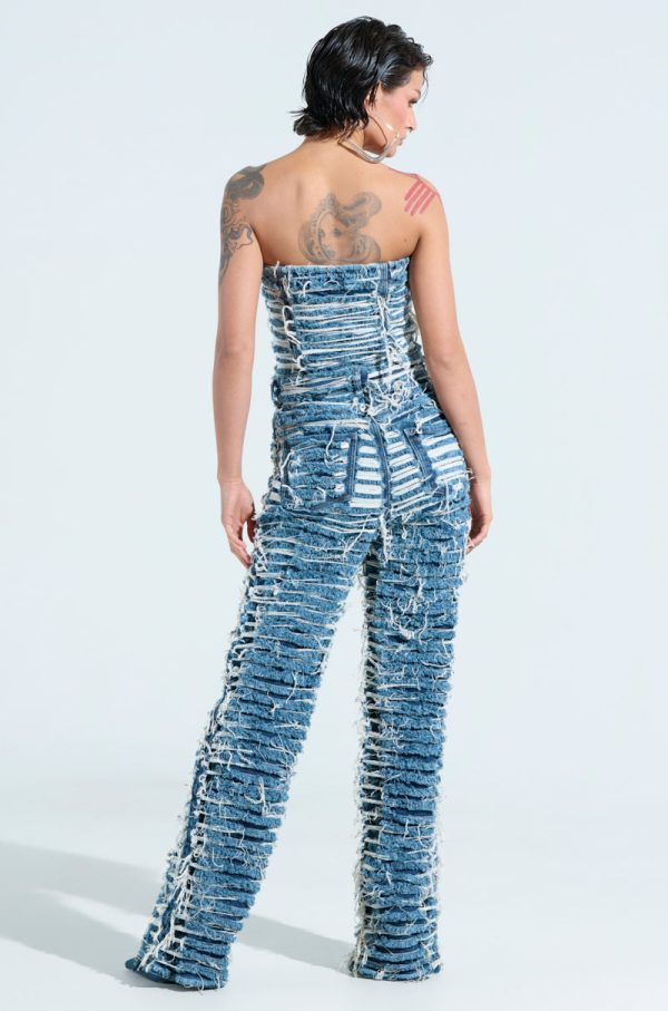 I DONT CHASE I ATTRACT DISTRESSED DARK BLUE DENIM JUMPSUIT Supply