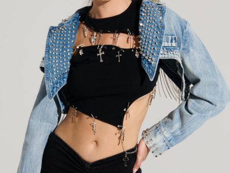 WATERFALL RHINESTONE CROPPED DENIM JACKET Fashion