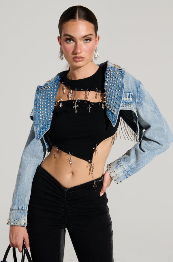 WATERFALL RHINESTONE CROPPED DENIM JACKET Fashion