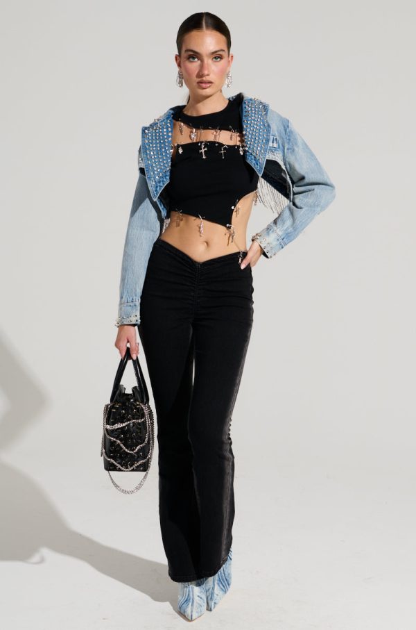 WATERFALL RHINESTONE CROPPED DENIM JACKET Fashion