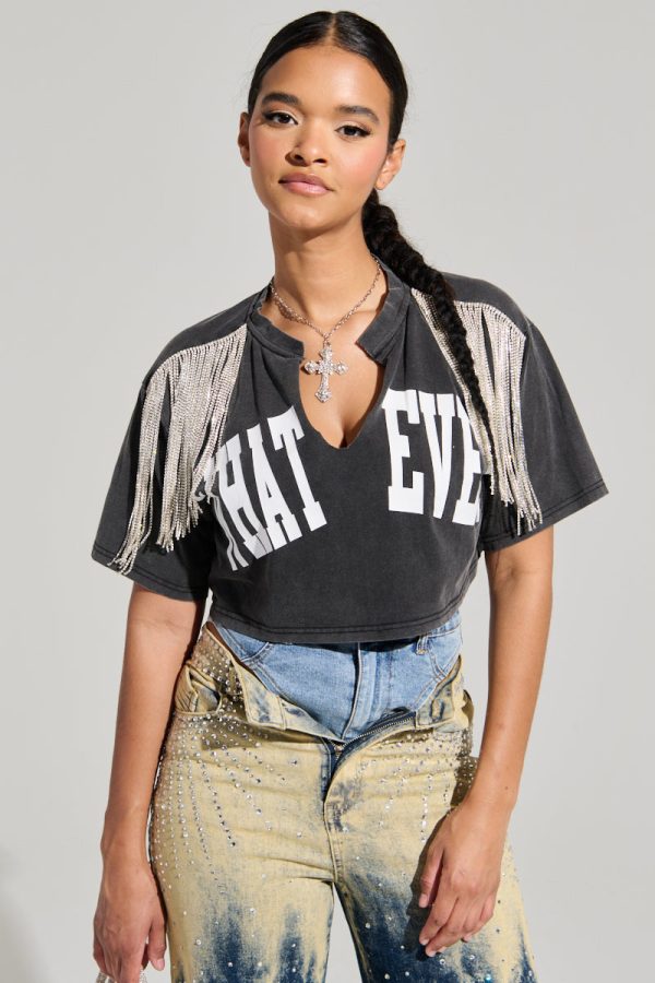 KISS IT SHORT SLEEVE RHINESTIONE FRINGE TEE on Sale