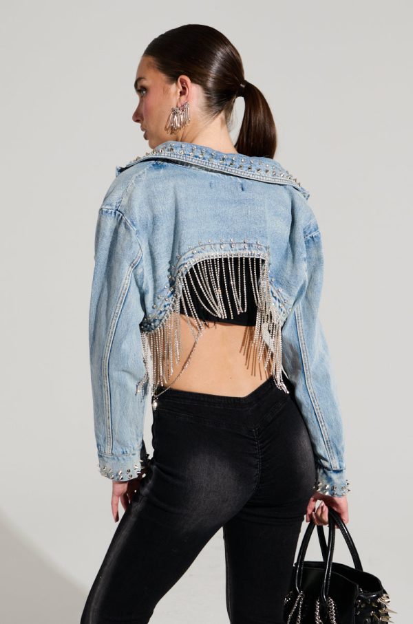 WATERFALL RHINESTONE CROPPED DENIM JACKET Fashion