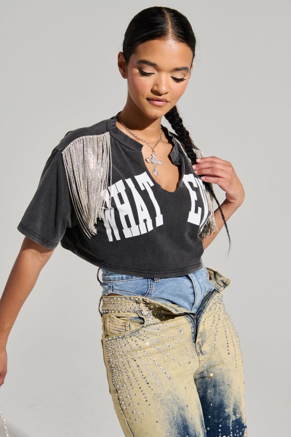 KISS IT SHORT SLEEVE RHINESTIONE FRINGE TEE on Sale