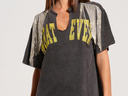 WHATEVER BABES RHINESTONE FRINGE TSHIRT IN GREY For Discount