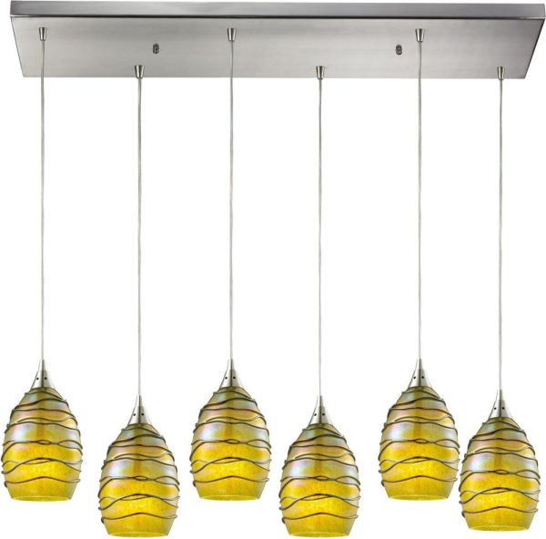 Vines 6 Light Pendant In Satin Nickel and Charteuse Glass Online Sale