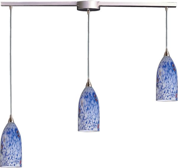 Verona 3 Light Pendant In Satin Nickel and Starburst Blue Glass Fashion