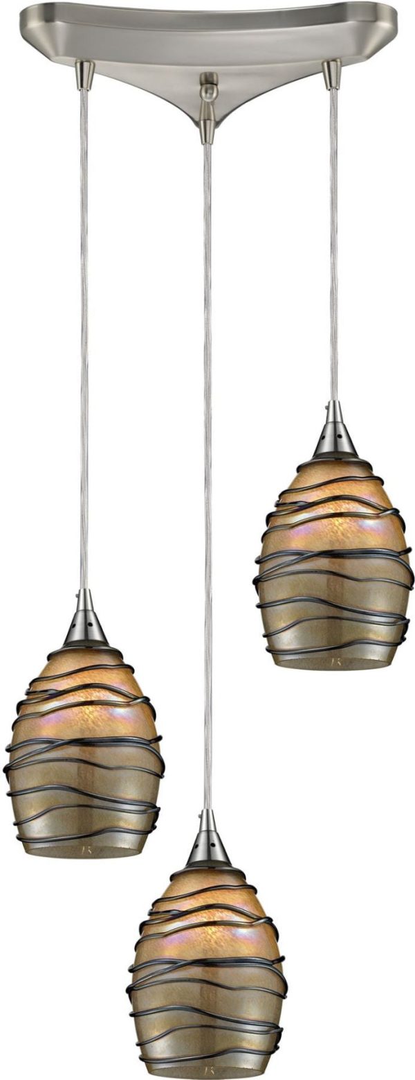 Vines 3 Light Pendant In Satin Nickel and Tan Glass Supply