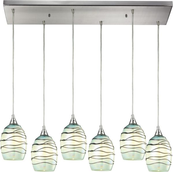 Vines 6 Light Pendant In Satin Nickel and Mint Glass Fashion