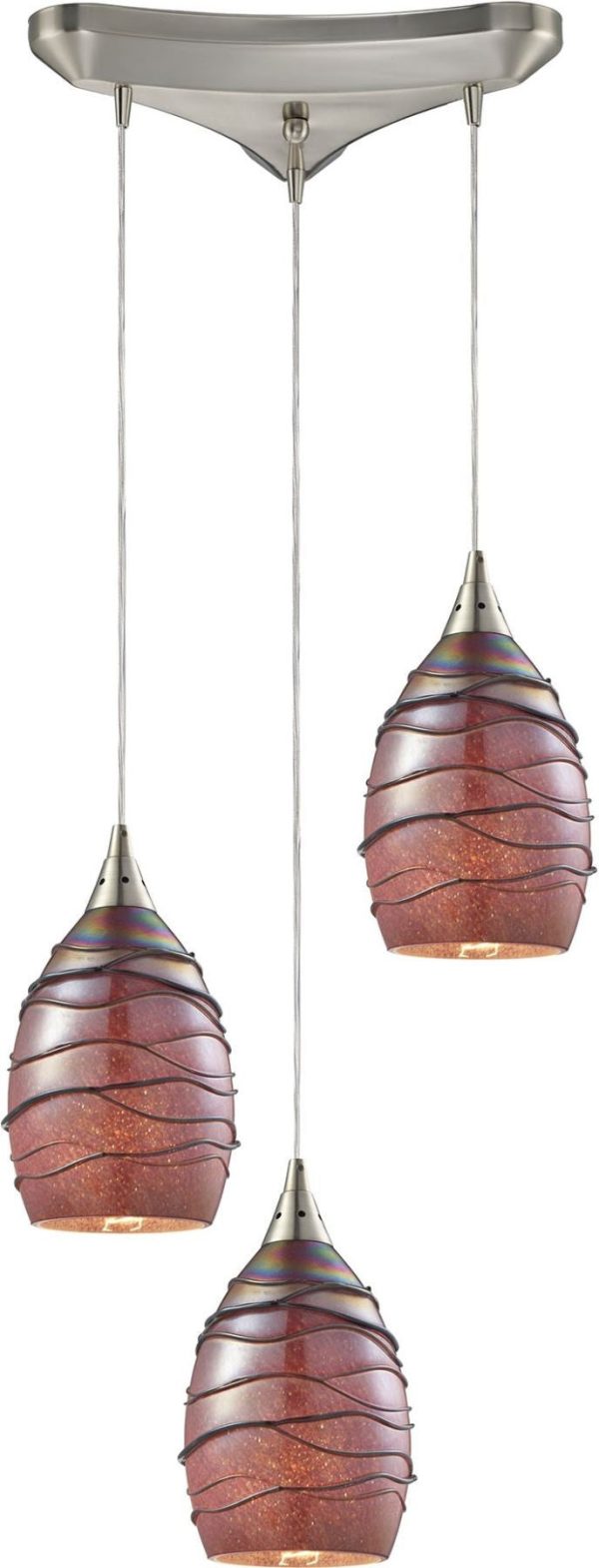 Vines 3 Light Pendant In Satin Nickel and Rhubarb Glass For Discount